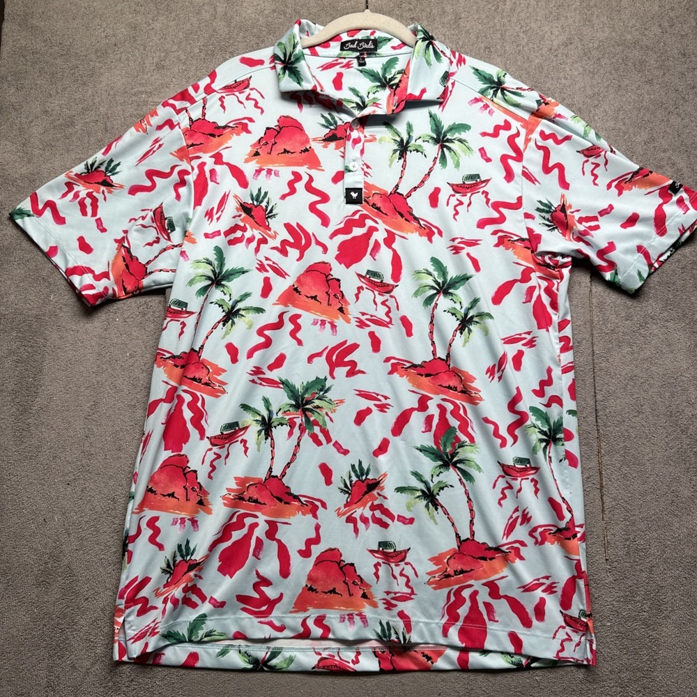 Bad Birdie Men's Palm Tree Print Golf Polo Blue‎ Red White Large